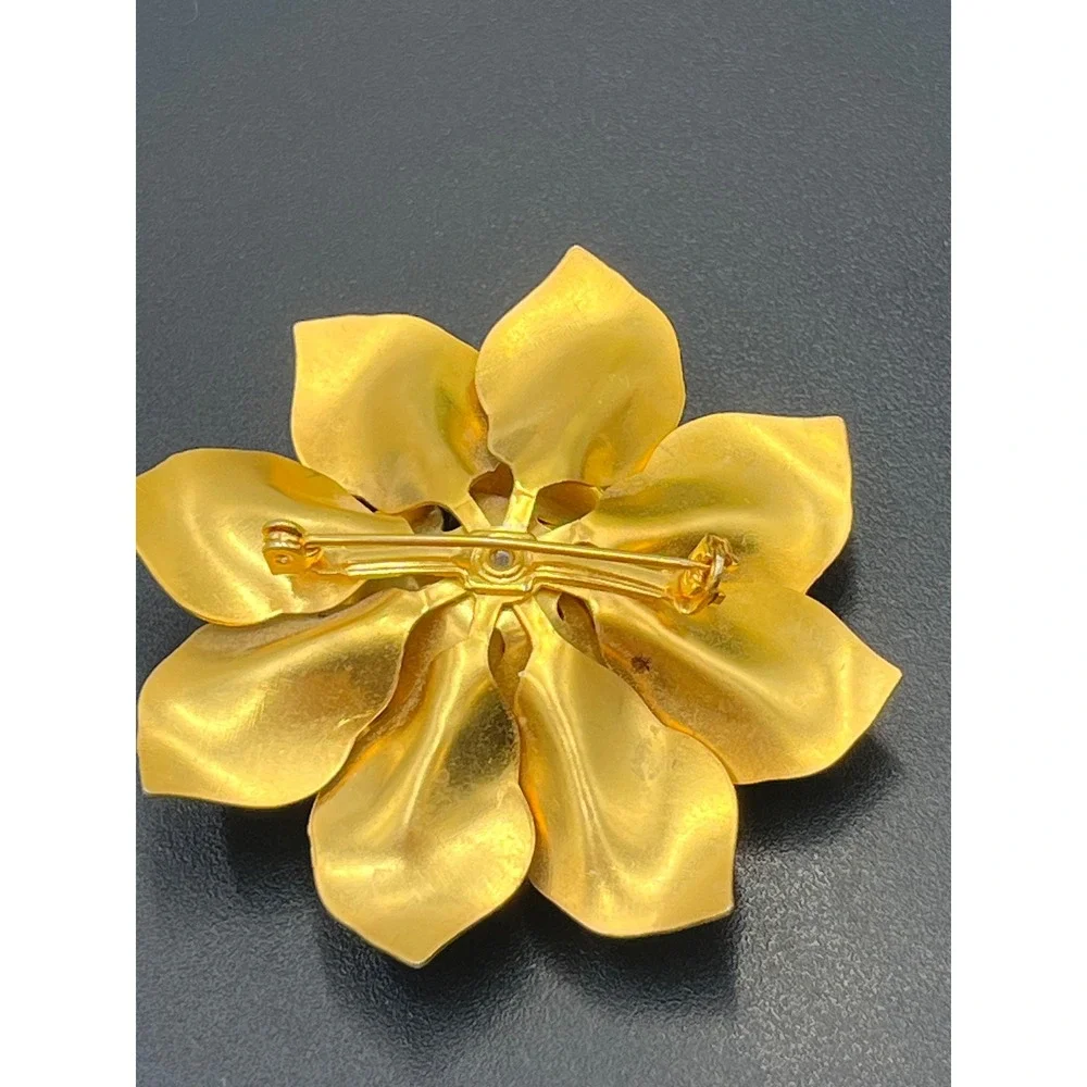 Large Vintage Etched Rose White Faux Pearl Center Matte Gold Tone Brooch  Flower